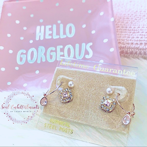 New & Lovely» 3pairs of Dainty Pink Rose Gold Earrings Set;•Pearls •Hoop •Square - Picture 3 of 14